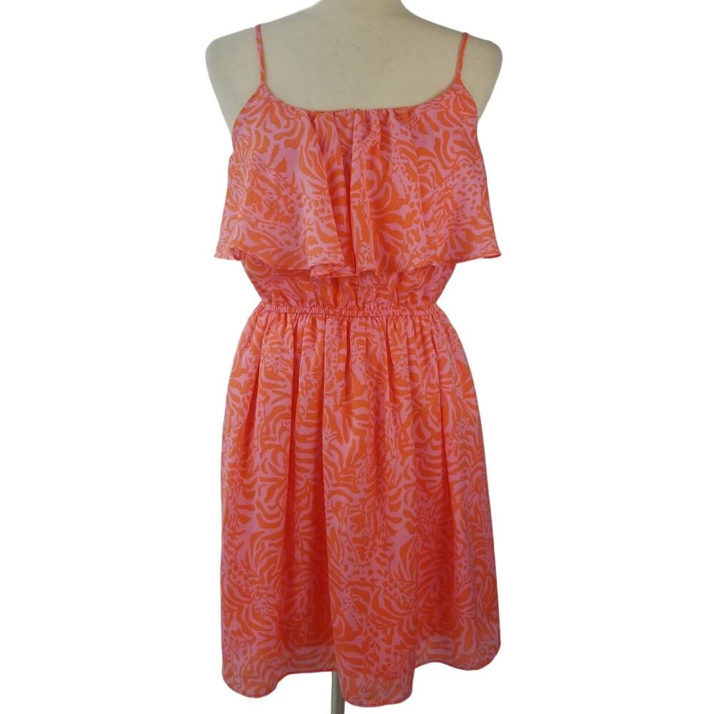 Lilly Pulitzer Orange Sun Dress Ruffle Top Elastic Waist Pleated Lined Size SP